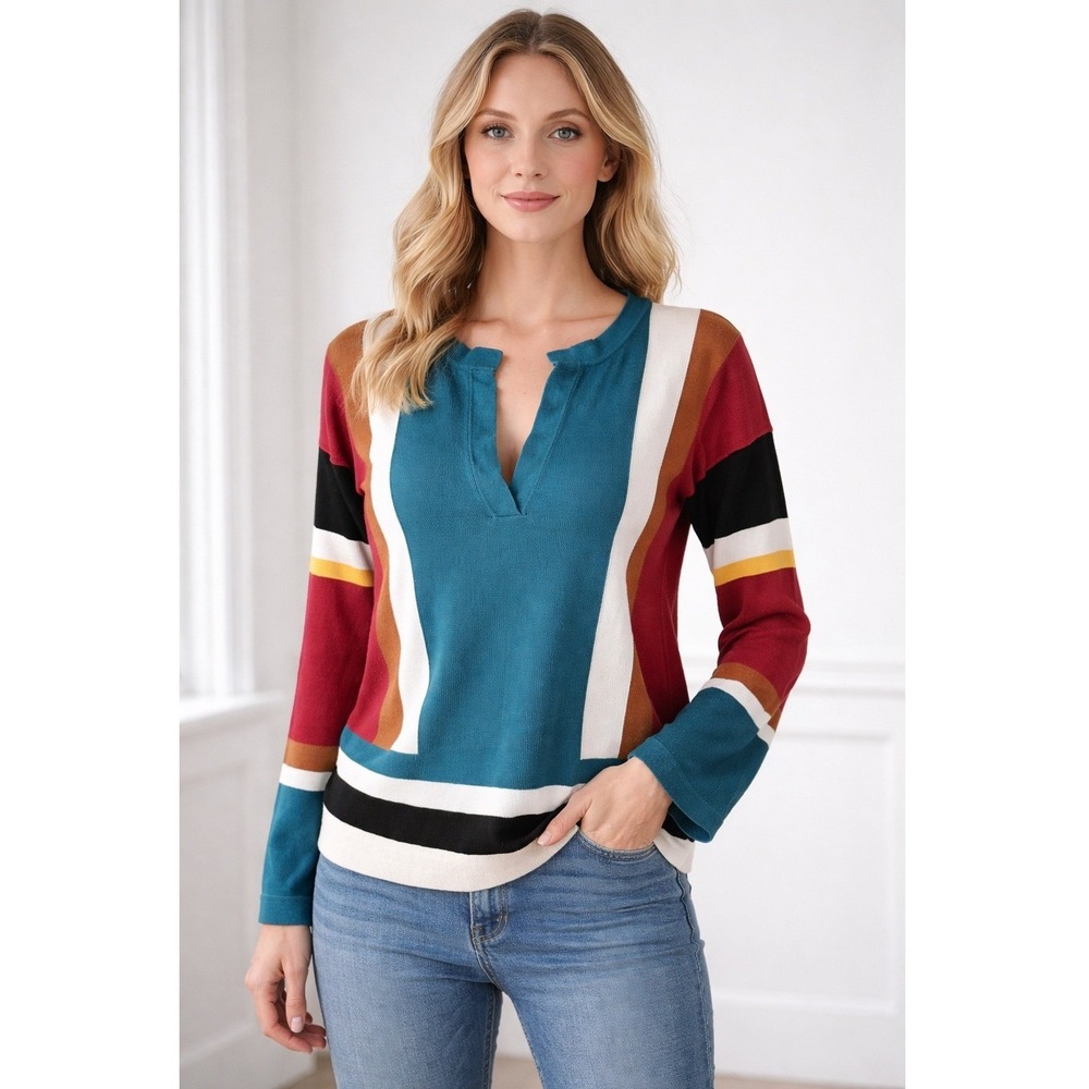 Alpha Studio Sweater Women XS Teal Blue Colorblock Cotton Split Neck Pullover